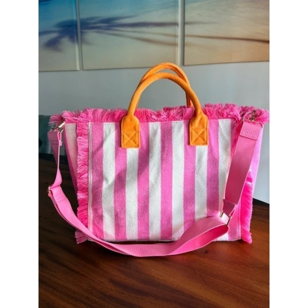 Shiraleah Cabana Stripe Terry Tote Fringe Detail Cotton Pink White Orange NWOT